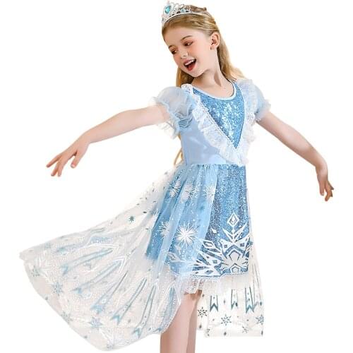 2021 Snowflake Sequins Prom Dress For Girls Halloween Cosplay Frozen Elsa Anna Dresses Kids Short Sleeve Ball Gown