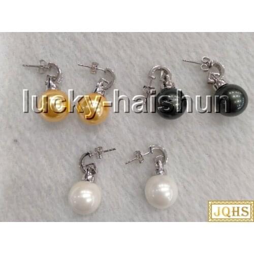 AAA Dangle 12mm round Cream white golden Tahitian black south sea shell pearls Earrings 925sc post c87