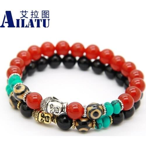 Ailatu Wholesale New Mens Beaded Jewelry High Quality Red & Black Stone Dzi Beads Buddha Yoga Bracelets