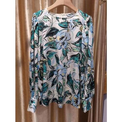 Hot Sale Style Fashion Summer Women Silk Blouses Elegant Runway Designers Flowers Print Long Sleeve Casual Shirts Lady Tops