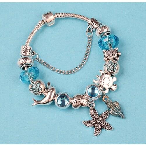 Droshiing Blue Crystal Ocean Animal Fashion Charm an Bracelet Antique Tibetan Silver Starfish Dolhin Conch Diy Bead Bracelet