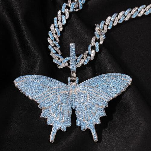 Hip Hop Blue Full Iced Out Bling Cubic Zircon CZ Big Butterfly Pendant Necklace for Men Jewelry with Tennis Chains