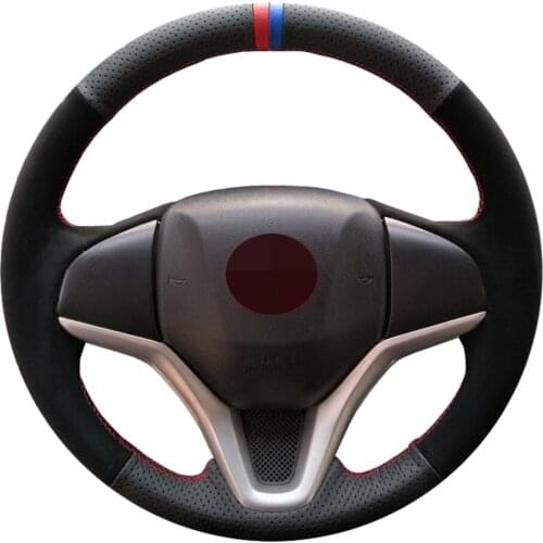 Car Steering Wheel Cover DIY Hand-stitched Black Genuine Leather Suede For Honda New Fit City Jazz 2014 2015 HRV 2016