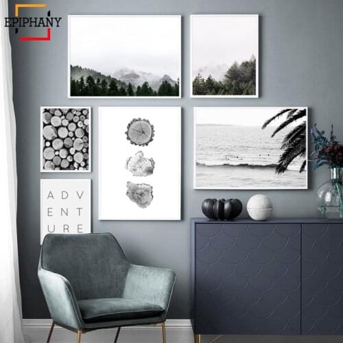 Black and White Tree Rings Print Adventure Travel Quotes Inspirational Forest Ocean Landscape Wall Pictures for Living Room