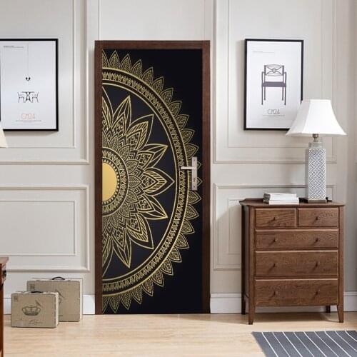Black & Gold Mandala Door Sticker Home Living Room Bedroom Decor Wall Stickers Self-adhesive Removable PVC Art Mural Wallpapers
