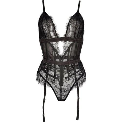 Black Lace Floral Eyelashes Women Sexy Backless Bustier with Garter Belt for Stockings Removable Straps Metal Clips Corset SH026