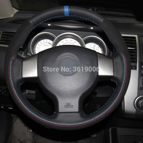 For Old Nissan Tiida Livina Sylphy Note Hand-stitched Anti-Slip Black Leather Black Suede Blue Marker DIY Steering Wheel Cover