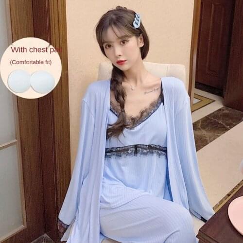 Women Pajamas Set Sling Cotton Pajamas with Chest Paid 3 Peices Sleepwear for Women Long Sleeves Breathable Sexy Robe Homewear