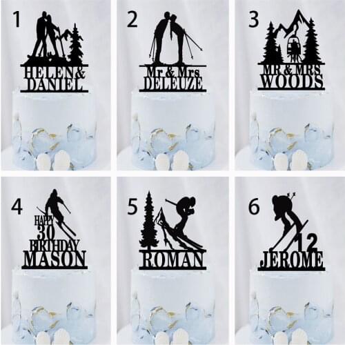 Custom Bride And Groom Name Skiing Cake Topper Wedding Party Mr Mrs Personalized Age Whinter Sport Birthday Cake Decoration Gift