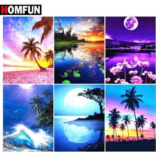 HOMFUN Rhinestone Painting Crystal Decor Diy Diamond Painting "Beach moon landscape" 3D Cross Stitch Pattern Diamond Embroidery