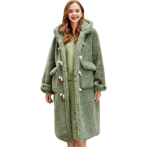 Horn Buckle European and American Fur Faux Fur Lalambswool Large Particle Long Hooded Plush Jacket