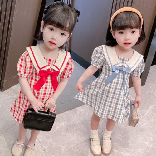 Summer Girls' Dress 2021 School Student Style Puff Sleeve Plaid Lapel Sweet Princess Dress Baby Kids ChildrenS Clothing For Gir