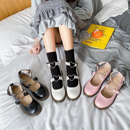 Lovely Women Student Shoes College Girly Girl LOLITA Shoes JK Uniform Shoes PU Leather Heart-shaped Ankle-strap Mary Jane Shoes