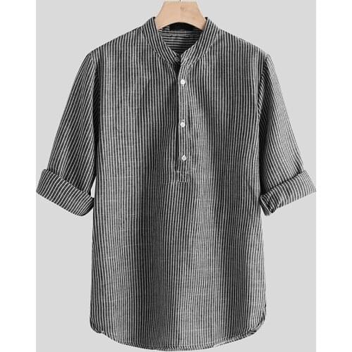 Fashion Cardigan Striped Shirt Mens Korean Casual Premium Striped Half Sleeve Loose Stand Collar Shirt Mens Shirt