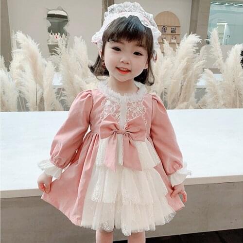 New Arrival Lolita Style Kids Girl Long Sleeve Bow Lace Princess Dress Spring Autumn Party Layered Dress Children Clothes 1-7Yrs