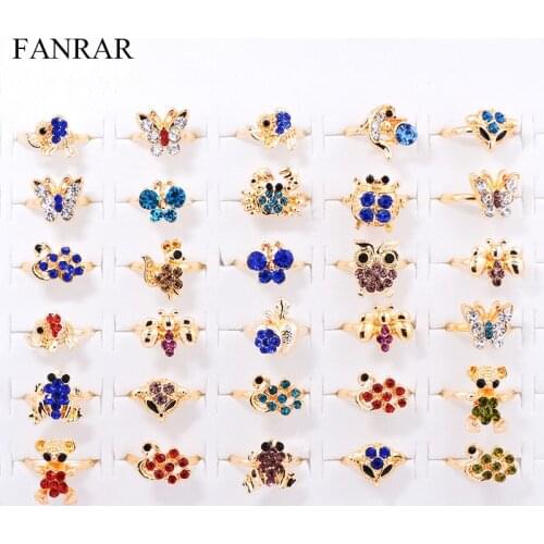Wholesale In bulk 10pcs Mix Flower Animal Crystal Adjustable Rings Baby Kids Alloy Finger Girls Fashion Rings Jewelry Party Gift