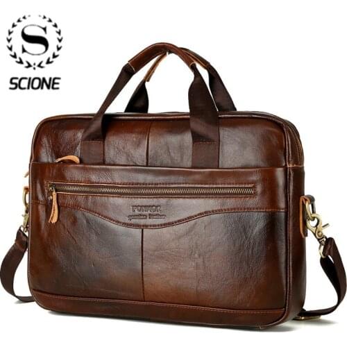 Scione Mens Cowhide Leather Briefcase Mens Genuine Leather Handbags Crossbody Bags High Quality Luxury Business Messenger Bags