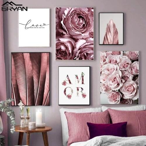 Love Quote Blossom Rose Flower Print Poster Canvas Wall Art Nordic Animal Feather Painting Fashion Picture Decor for Living Room