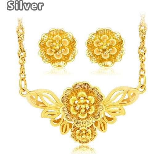 Gold Plated Vietnam PLACER GOLD EARRINGS NECKLACE BRIDAL Jewelry retro Ruyi Flower Wedding Jewelry Set