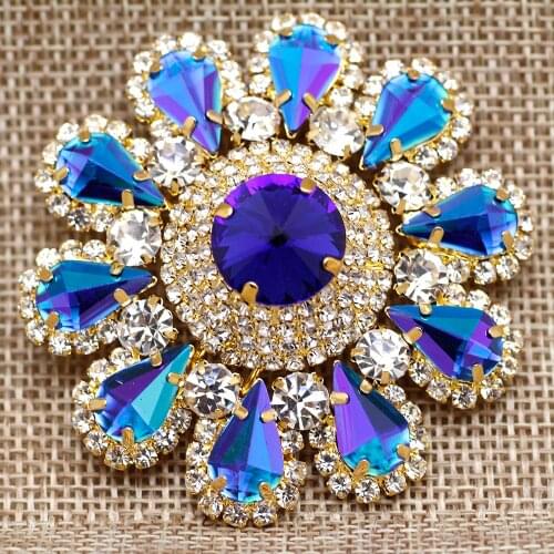 55mm colorful Round Flower Shape sew on rhinestone with golden claw setting Rhinestone Buttons for clothing Dress decoration