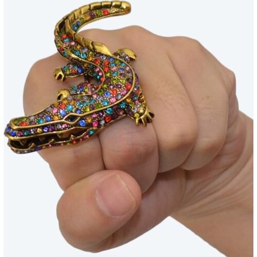 Luxury New Fashion Jewelry Vintage Bronze Exaggerate Colorful Rhinestone Punk Crocodile Charm Head Rings Personality Accessory