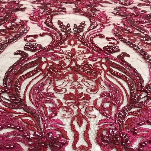 Pink/Gray/Red/Khaki African Guipure Cord Handmade Beaded Bridal Lace Embroidery Fabric Transparent Mesh Tulle for Sequin Dresses