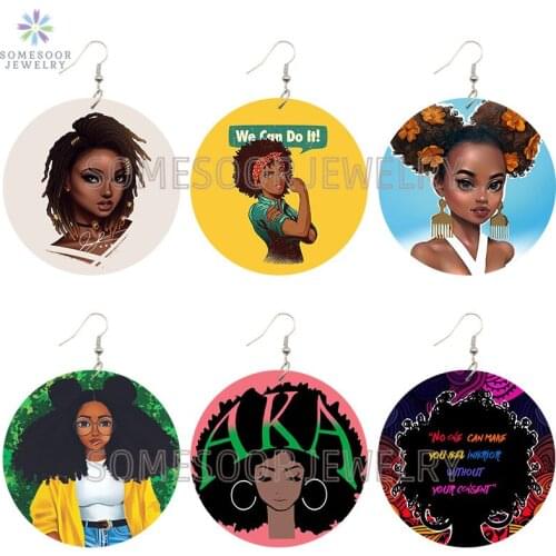 SOMESOOR Cute Girl Loops Wooden Drop Earrings Powerful Black Natural Hair Comb African Ethnic Designs Printed For Women Gift
