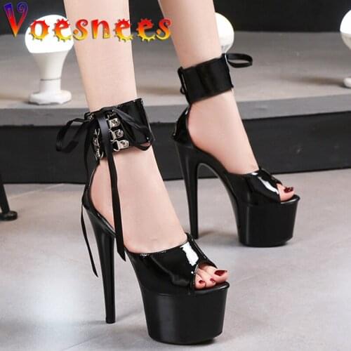 Walk Show Sandals Summer Ankle Strap Thin Heels Women Shoes Pole Dancing Platform Nightclub Shoes Super High Heel Mixed Colors
