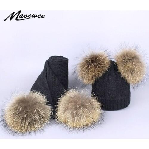 Women Hat And Scarf Set For Girl Wool Knitted Baby Female Winter Scarf Caps Children Boy Parental Suit Real Raccoon Fur Pompom