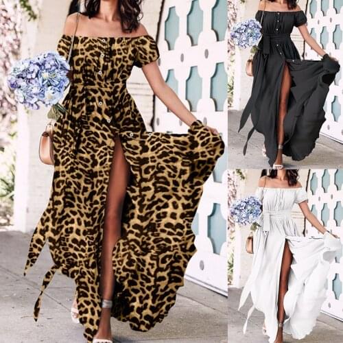 Womens Off Shoulder Long Dress Short Sleeves Leopard Print Party Sexy Slash Neck Black and White Maxi Dress Vestidos OOTD