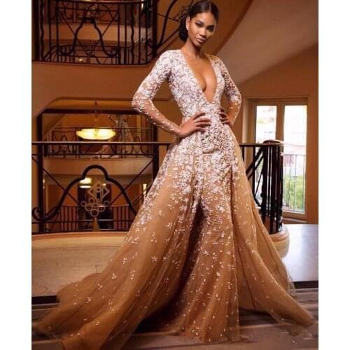 Champagne Evening Dresses Mermaid V-neck Long Sleeves Tulle Appliques Dubai Saudi Arabia Long Prom Dress Gown Robe De Soiree