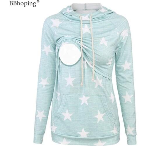 Mama Maternity Winter Warm Nursing Clothes Pregnancy Breastfeeding Star Print Sweatshirt Long Sleeves Pocket Hoodie Tops