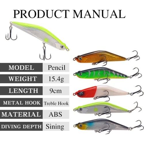 1Pcs Fishing Lure Pencil 9cm 15g Minnow Far Throw Sinking Wobblers Bionic Hard Baits Crankbait Bass Fishing Tackle Accessories