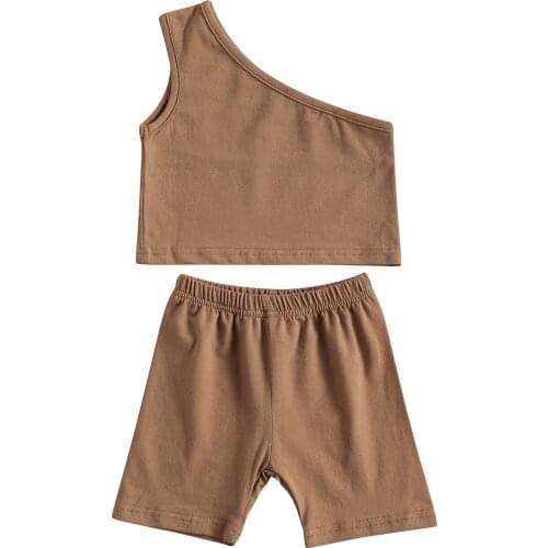 2021 Kids Baby Girls Fashion 2-piece Outfit Set One Shoulder Solid Color Tops+Shorts Set