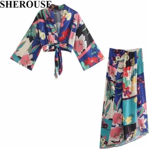 2021 Two piece set Vintage Women Floral Cropped Blouse with Knot and Midi Skirt Summer Fashion 2 piece set Woman ensemble femme