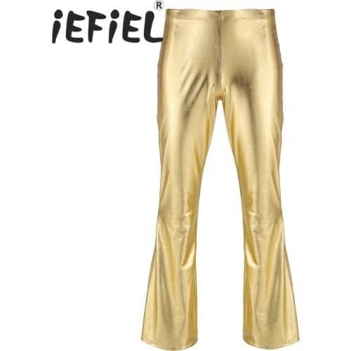 Fashion Adults Male Mens Shiny Metallic Disco Pants with Bell Bottom Flared Long Pants Dude Costume Nightwear Cosplay Trousers