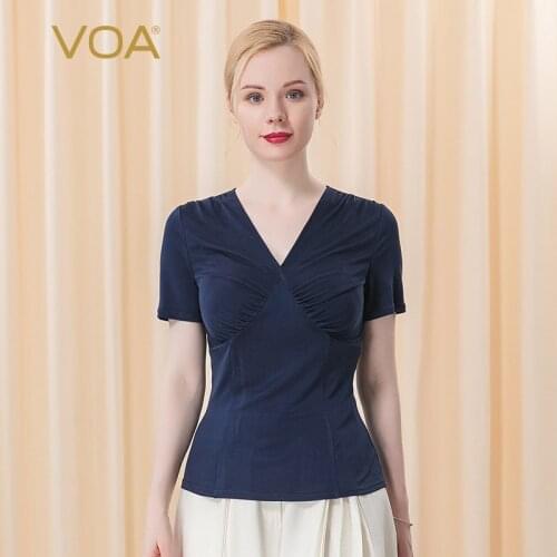 VOA 33m/m Silk Double-sided Plain Knit V-Neck Short Sleeve Tops BE225 Broken Pleat Wrapped Chest Micro Elastic Soft Slim T-shirt