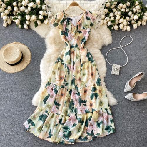 Europe Style 2021 Summer Elegant Women V Neck Ruffles Sleeve Floral Print Long Dress Fashion Ladies Holiday Party Dresses