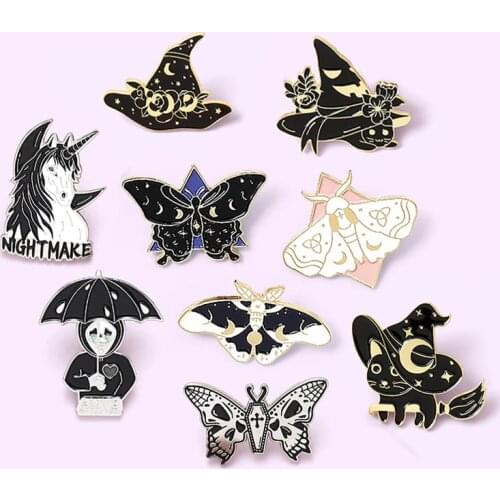 Halloween Jewelry Skeleton moth butterfly Unicorn Wizard Cat Enamel Pins Star Moon Dark Black Brooches Badges Gifts Wholesale