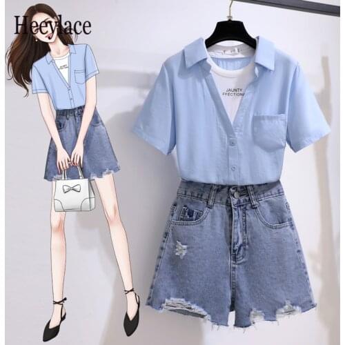 Summer 2 pieces bike shorts sets Sweet fake 2 pieces patchwork top and denim shorts 2 pieces sets women korean two piece outfits