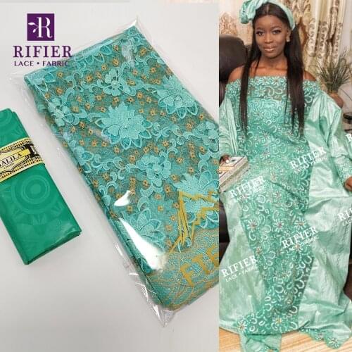 Green 2.5 Yards Bazin Riche Getzner With 2.5 Yards Net Lace With Stones For Indian Elegant Lady Party Dresses Net Laces Fabrics