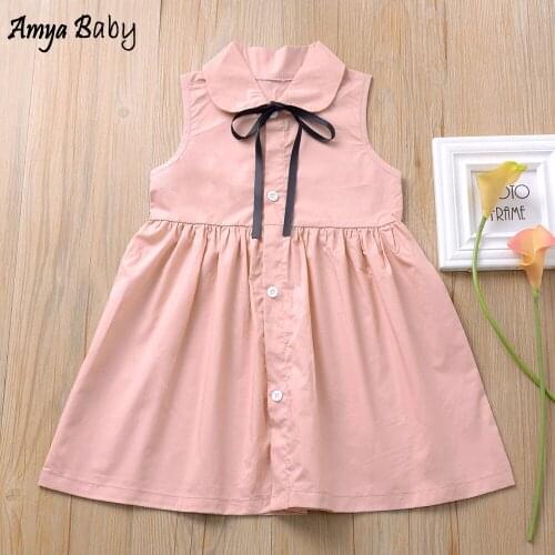 Amya Baby Girls Summer Dresses Peter Pan Collar Pink Solid Color Sleeveless Toddler Clothes Casual Girls Easter Dress