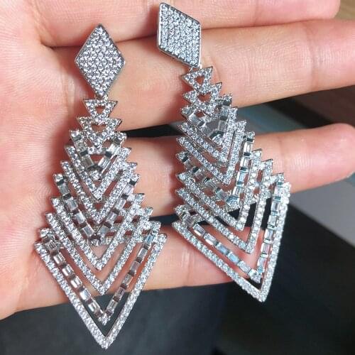 Trendy New Luxury Gorgeous Rhombic Pendant Earrings Full Shiny CZ Bride Wedding Dancer Party Show Earring Girls Gift Jewelry