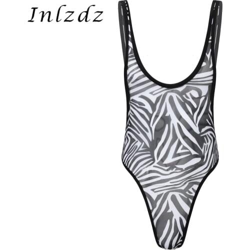 Mens Erotic Lingerie Singlet Leotard Bodysuit Underwear Sheer Mesh Zebra Jumpsuit Romper Male Mesh Bodysuit Sexy Costume