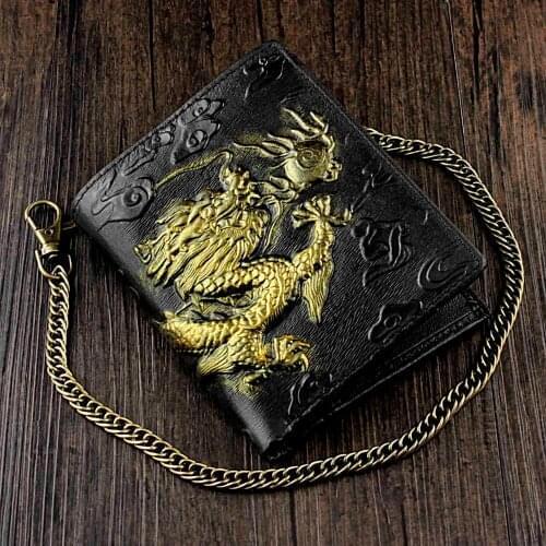 Mens 3D Dragon Vintage Luxury Leather Wallet ID Card Holder Purse w/ Chain
