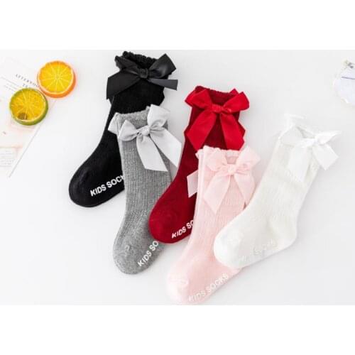 2pair New Babie Socks Private Pure Color Stripe Stocking Girl Cotton Antiskid Baby Socks Bowknet Princess Knee High Aock
