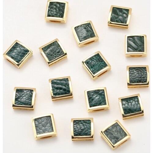 Charm Ostrich Leather Beads for Jewelry Making green gold Square Copper Needlework Beads Diy Bracelet Accessories Wholesale Lot