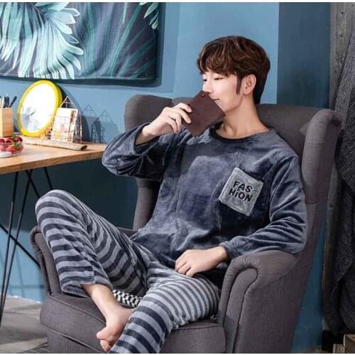 Mens Pajamas Set Autumn Winter Warm Flannel Thicken Male Pajamas Long Sleeve Sleepwear Top +Pant Leisure Homewear Clothes 3XL