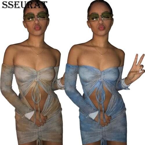 SSEURAT Chest Hollow Out Backless Print Mini Dresses for Women Sheath Skinny Elastci Long Sleeve Dress Drawtring Design Sexy