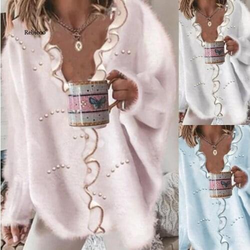 Beading Sweater Women Fall Fashion New Solid Color V-Neck Full Sleeve Loose V Neck Sweater Woman